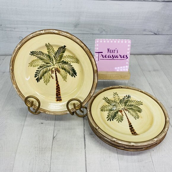 Home Trends WEST PALM Bamboo Border Tropical Earthenware 8" Salad Plates Set 4 - Picture 1 of 16